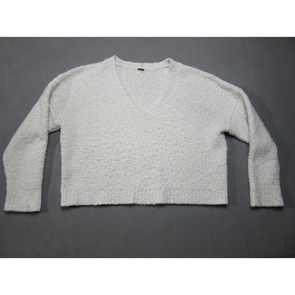 Free People Sweater Womens Medium White Cropped Boucle Popcorn Fuzzy Knit V-Neck